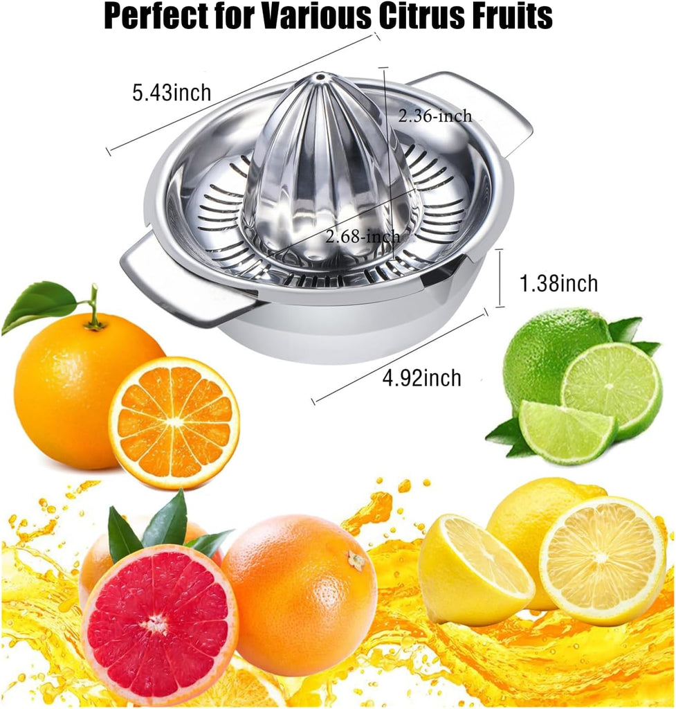Citrus Lemon Orange Grapefruit Juicer Manual Squeezer 304 Stainless Steel Robust Hand Juicer Reamer Rotation Press with Strainer&10oz Bowl, Pour