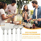 QITUO Camping Kitchen Utensil Set,5Pcs Stainless Steel Portable Folding Outdoor Cooking Utensil,Camping Utensils Set,Camping Cooking Utensils,for RV Car,Tent Campers,Outdoor Picnics BBQ